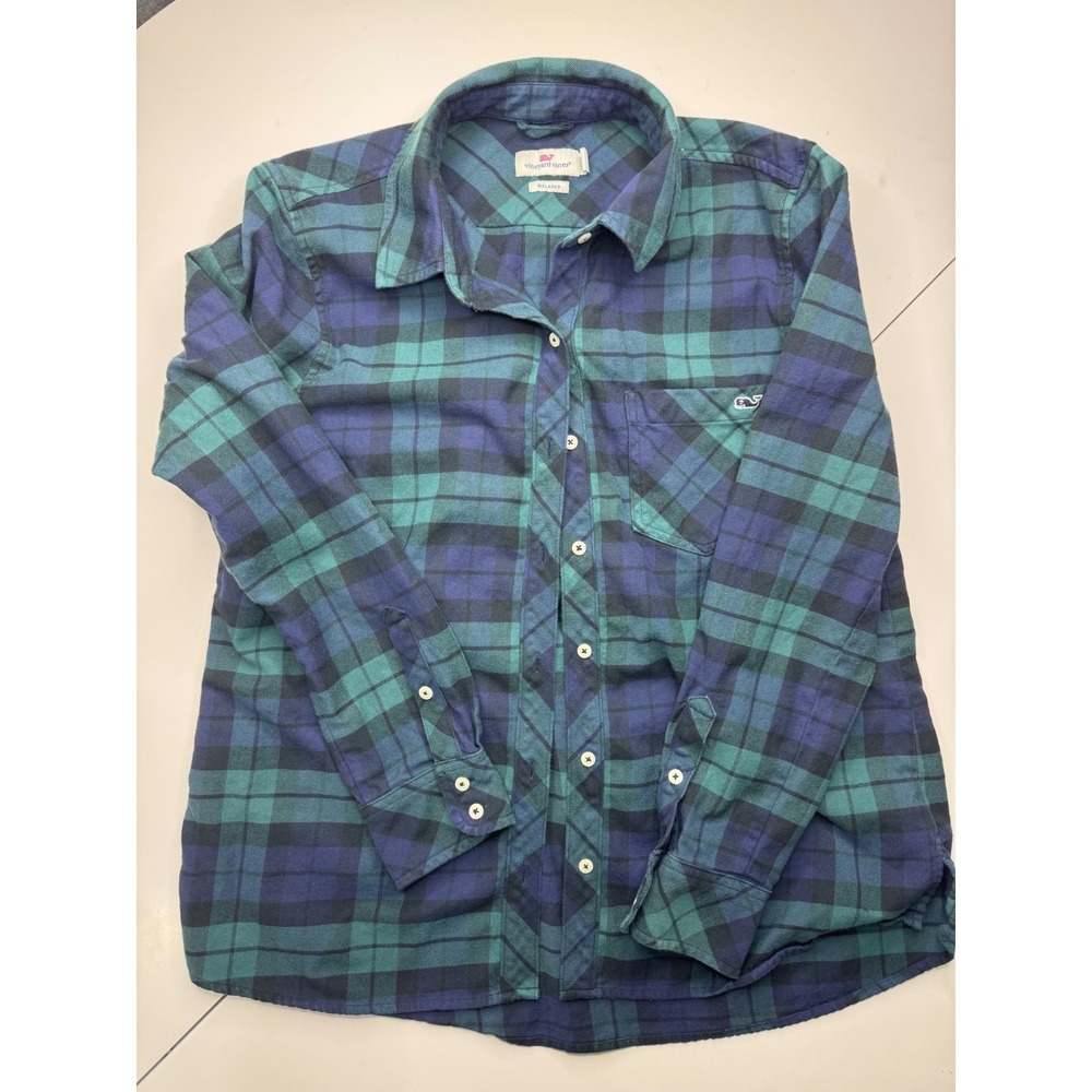 Vineyard Vines Womens Relaxed Fit Plaid Flannel Shirt Green Navy Blue Size 8 - Picture 2 of 7